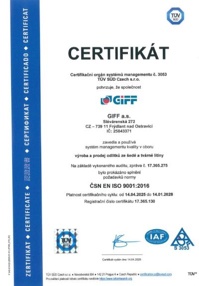 Certifikát ČSN EN ISO 9001:2016 GIFF a.s.